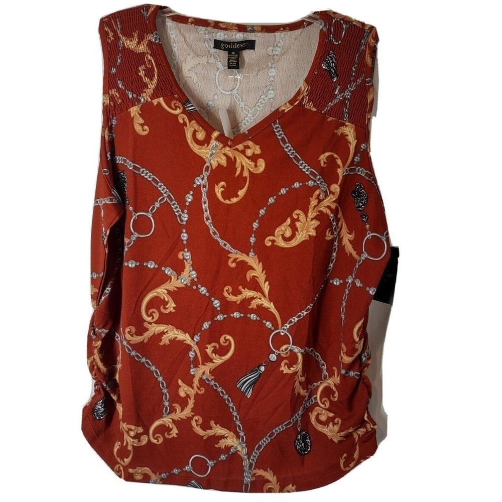 Goddess Graphic Print Top Tunic Blouse Sleeveless Size 1X Women's V-Neck Stretch